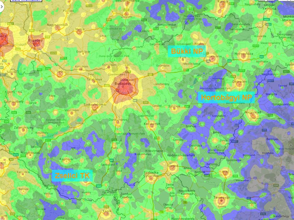 Map of light pollution of Hungary with the dark-sk