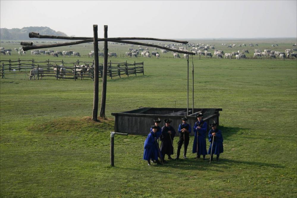 Shepherds standing by a characteristic Hungarian s